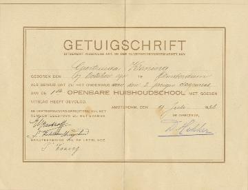 Getuigschrift Huishoudschool Lepelstraat nr 7 in Amsterdam